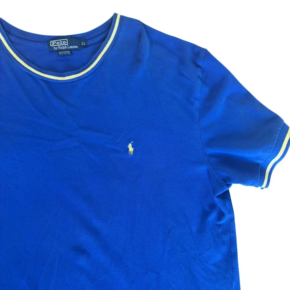 Polo Ralph Laurent T Shirt Mens XL Blue Yellow Trim Pique Cotton Short Sleeve Te